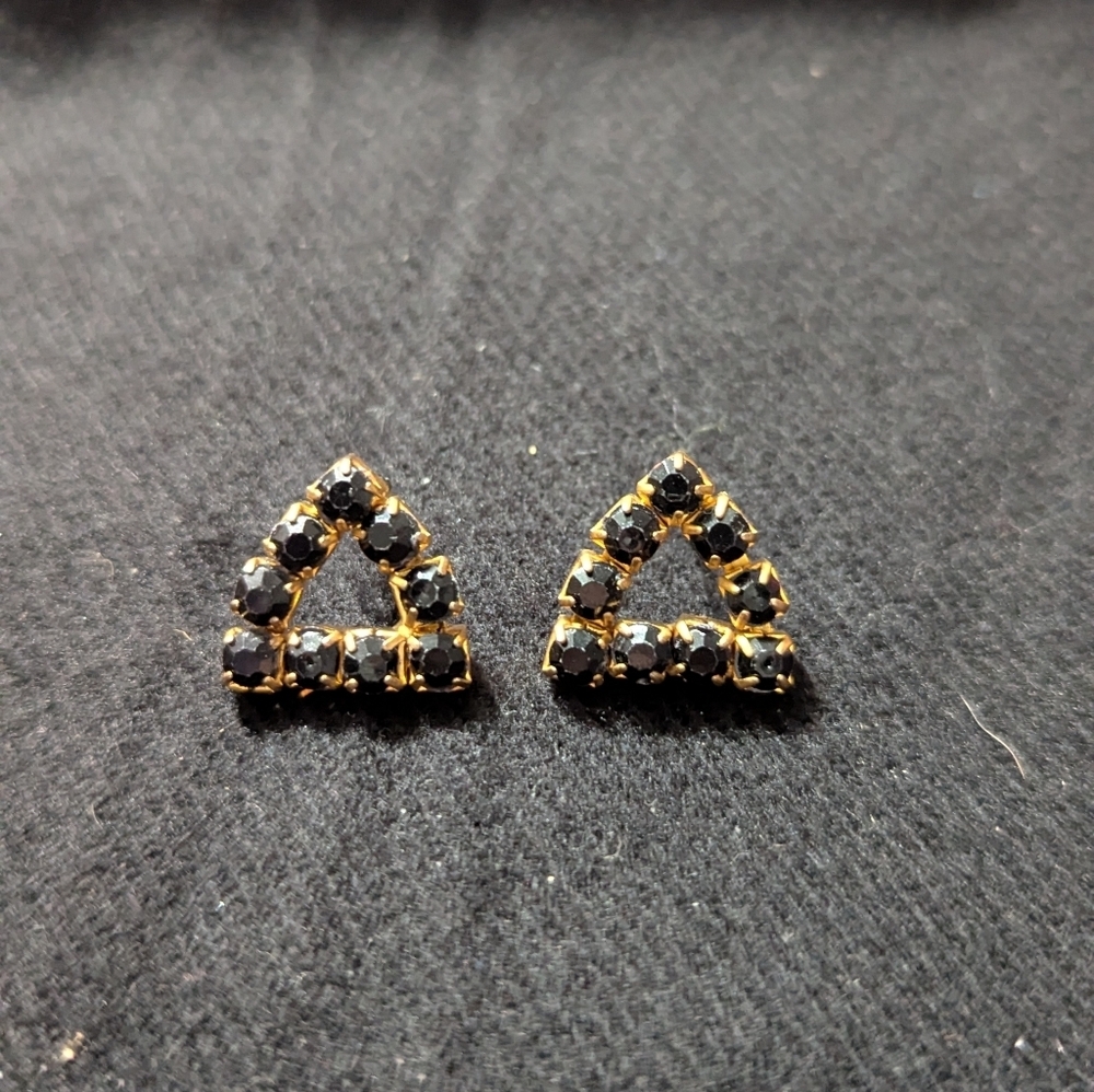 Gold Tone Black Rhinestone Triangle Stud Statement Earrings